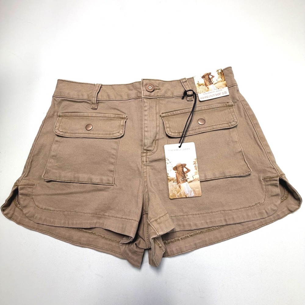 Sincerely Jules High Rise Utility Shorts 25 NWT Taupe Cargo Stretch Casual